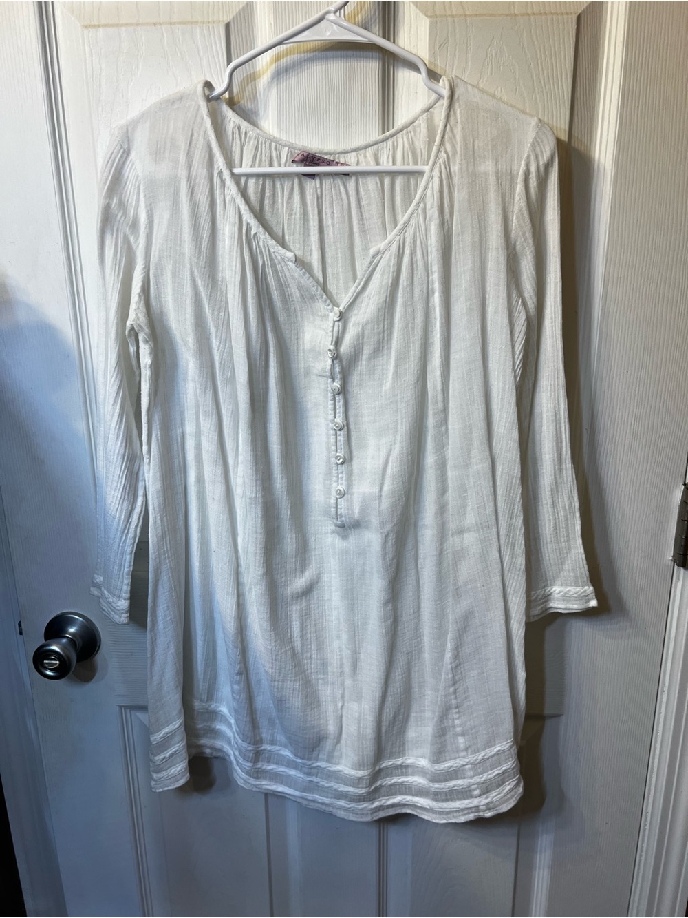 CALYPSO St. Barth White Cotton Gauze Henley Tunic Top Cover Up Pintuck XS